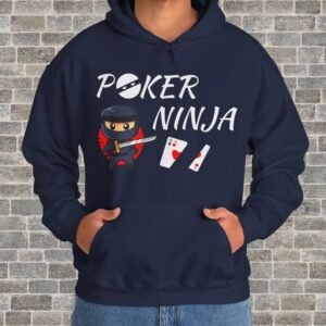 Person wearing a navy poker-themed Gildan hooded sweatshirt with the text "Poker Ninja", and an image of a wee ninja, in front of a brick wall.