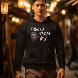 Young man wearing black Ninja Poker Gildan 18500 pullover hoodie.