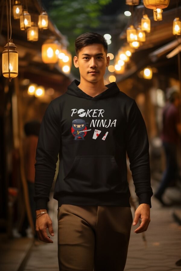 Young man wearing black Ninja Poker Gildan 18500 pullover hoodie.