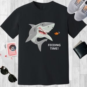Black colored unisex crewneck poker-themed T-shirt. Design features the text 'Feeding time'. Image of a shark and small fish.
