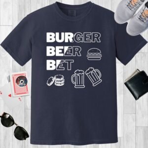 Navy colored unisex crewneck poker-themed T-shirt. Design features the text 'Burger Beer Bet'. There is an image of a burger, a couple of beers and a stack of poker chips.