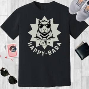 Black colored unisex crewneck poker-themed T-shirt. Design features the text 'Happy-bara'. An image of a sunglass-wearing capybara with playing cards on a starburst background.