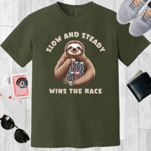 Moss colored unisex crewneck poker-themed T-shirt. Design features the text 'Slow and steady wins the race'. Image of a sloth with stacks of poker chips.