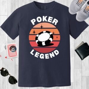 Navy colored unisex crewneck poker-themed T-shirt. Design features the text 'Poker legend', along with an image of a poker chip on a retro sunset background.
