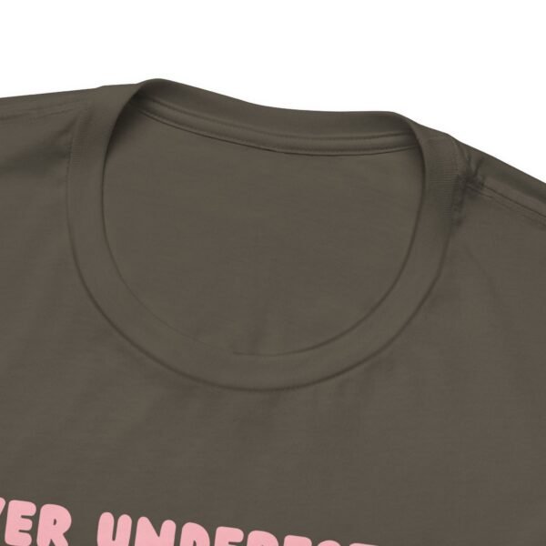 A close up of the neckline of an army colored Bella+Canvas 3001 T-shirt.