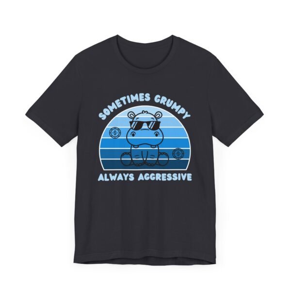 A dark grey Bella+Canvas 3001 T-shirt. The shirt has a shades of blue vintage sunset curved background with a cute hippopotamus wearing sunglasses. The text says "Sometimes grumpy always aggressive". It's a poker themed design as poker players are categorized as either passive or aggressive players.