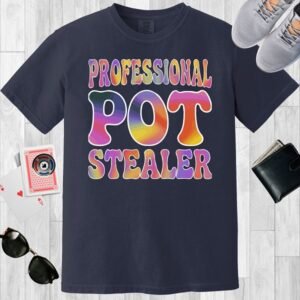 Navy colored unisex crewneck poker-themed T-shirt. Design features the text 'Professional pot stealer'.