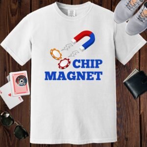 White colored unisex crewneck poker-themed T-shirt. Design features the text 'Chip Magnet' Image of a magnet attracting poker chips.