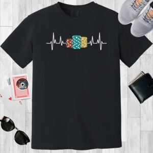 Black colored unisex crewneck poker-themed T-shirt. Design features a heartbeat line with poker chip stacks.