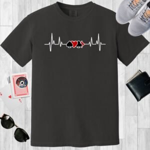Graphite colored unisex crewneck poker-themed T-shirt. Design features a heartbeat line incorporating the card suits.