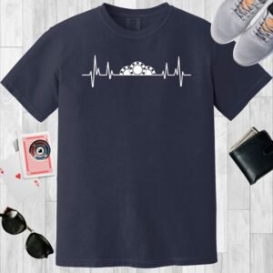 Navy colored unisex crewneck poker-themed T-shirt. Design features a heartbeat line with poker chips rising like a sunrise.