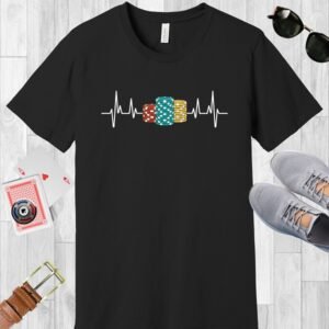 Black Bella+Canvas crew neck T-shirt with poker heartbeat design featuring poker chip stacks.