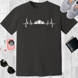 A poker-themed, graphite colored Comfort Colors crew neck T-shirt with a heartbeat design incorporating poker chips rising like a sunrise.