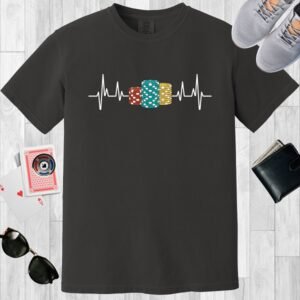 Poker heartbeat design incorporating 3 stacks of poker chips. Design is on a graphite colored Comfort Colors crewneck T-shirt.