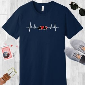 Poker-themed Bella+Canvas crew neck T-shirt in Navy. Design features a heartbeat incorporating card suits.