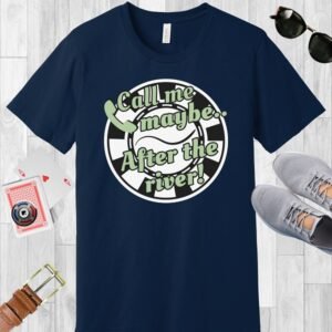 Navy Bella+Canvas crew neck unisex T-shirt. Features a poker chip with the text "Call me maybe.. after the river".