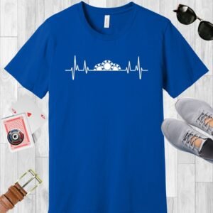 Poker-themed Bella+Canvas crew neck T-shirt in True Royal (blue). The design features a heartbeat incorporating rising poker chips.