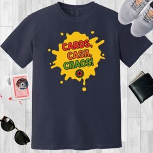 Navy colored Comfort Colors poker-themed crewneck T-shirt. Features a yellow splatter and the text 'Cards, Cash, Chaos!'.