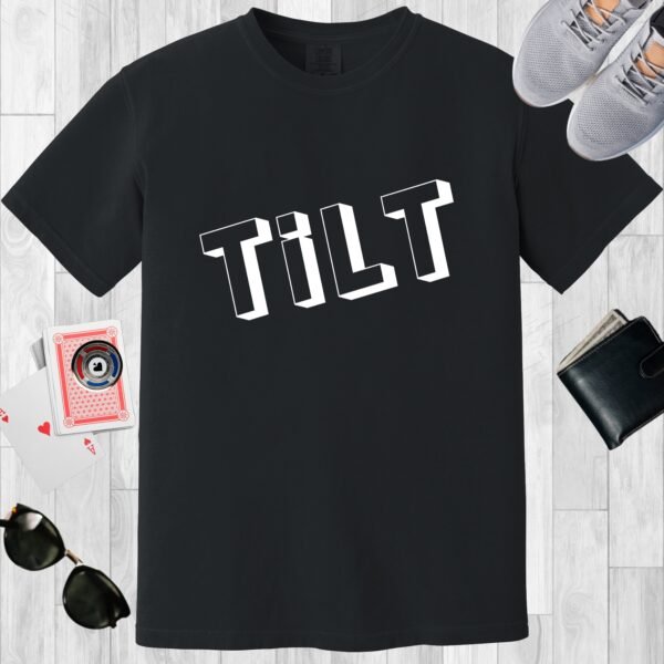 Black colored Comfort Colors crewneck poker-themed T-shirt. Design features box style text 'TiLT'.