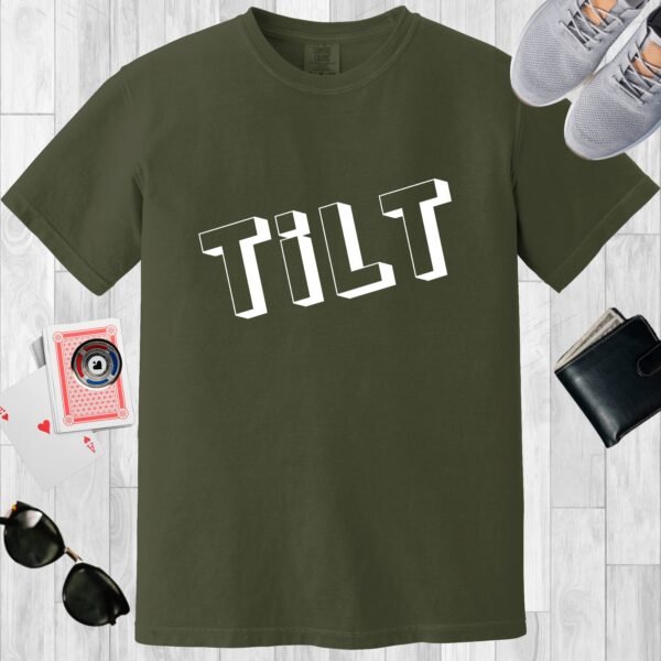 Moss colored Comfort Colors crewneck poker-themed T-shirt. Design features box style text 'TiLT'.