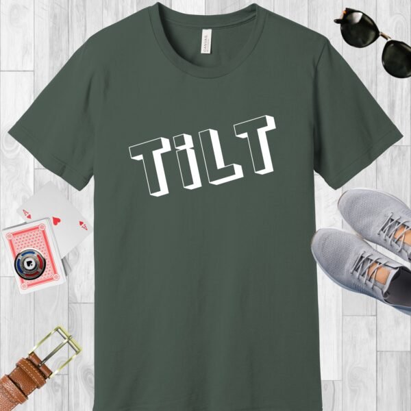 Military Green colored Bella+Canvas crewneck poker-themed T-shirt. Design features box style text 'TiLT'.