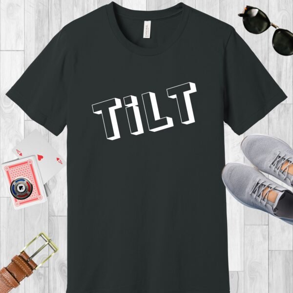 Dark Grey colored Bella+Canvas crewneck poker-themed T-shirt. Design features box style text 'TiLT'.