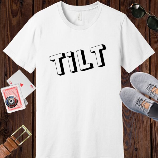 White colored Bella+Canvas crewneck poker-themed T-shirt. Design features box style text 'TiLT'.
