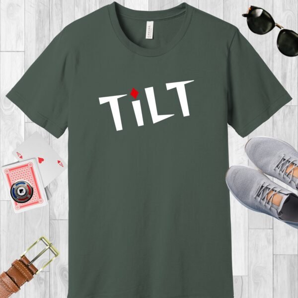 Military Green colored Bella+Canvas crewneck poker-themed T-shirt. Design features the text 'TiLT' with the 'i' dotted with a red diamond.