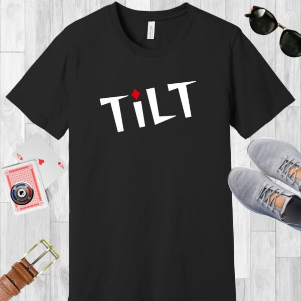 Black colored Bella+Canvas crewneck poker-themed T-shirt. Design features the text 'TiLT' with the 'i' dotted with a red diamond.