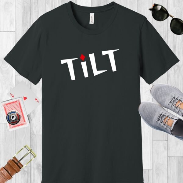 Dark Grey colored Bella+Canvas crewneck poker-themed T-shirt. Design features the text 'TiLT' with the 'i' dotted with a red diamond.