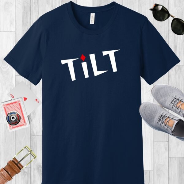Navy colored Bella+Canvas crewneck poker-themed T-shirt. Design features the text 'TiLT' with the 'i' dotted with a red diamond.