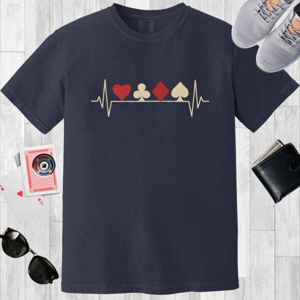 Navy colored Comfort Colors crewneck poker-themed T-shirt. Features the poker heartbeat card suits design.