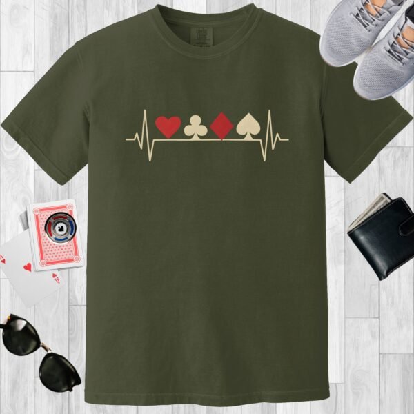 Moss colored Comfort Colors crewneck poker-themed T-shirt. Features the poker heartbeat card suits design.