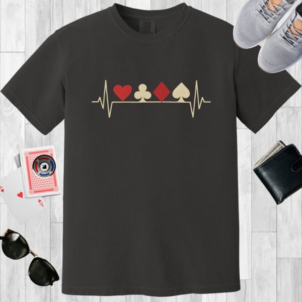 Graphite colored Comfort Colors crewneck poker-themed T-shirt. Features the poker heartbeat card suits design.