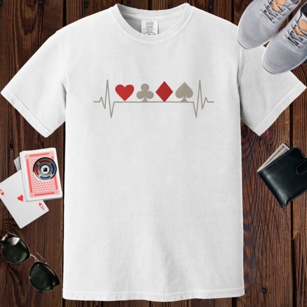 White colored Comfort Colors crewneck poker-themed T-shirt. Features the poker heartbeat card suits design.