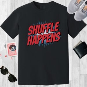 Black colored Comfort Colors crewneck poker-themed T-shirt. Design features superhero style red text 'Shuffle Happens'.