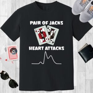 Black colored Comfort Colors crewneck poker-themed T-shirt. Design features a pair of Jack playing cards, an EKG line representing a myocardial infarction, and the text 'Pair of Jacks, Heart Attacks'.