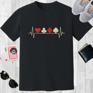 Black colored Comfort Colors crewneck poker-themed T-shirt. Features the poker heartbeat card suits design.