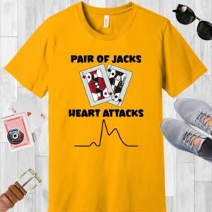 Gold colored Bella+Canvas crewneck poker-themed T-shirt. Design features a pair of Jack playing cards, an EKG line representing a myocardial infarction, and the text 'Pair of Jacks, Heart Attacks'.