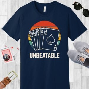 Navy colored Bella+Canvas crewneck poker-themed T-shirt. Design features a vintage sunset overlaid with a royal flush, and the text 'Unbeatable'.