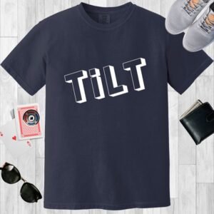 Navy colored Comfort Colors crewneck poker-themed T-shirt. Design features box style text 'TiLT'.