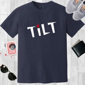 Navy colored Comfort Colors crewneck poker-themed T-shirt. Design features the text 'TiLT' with the 'i' dotted with a red diamond.
