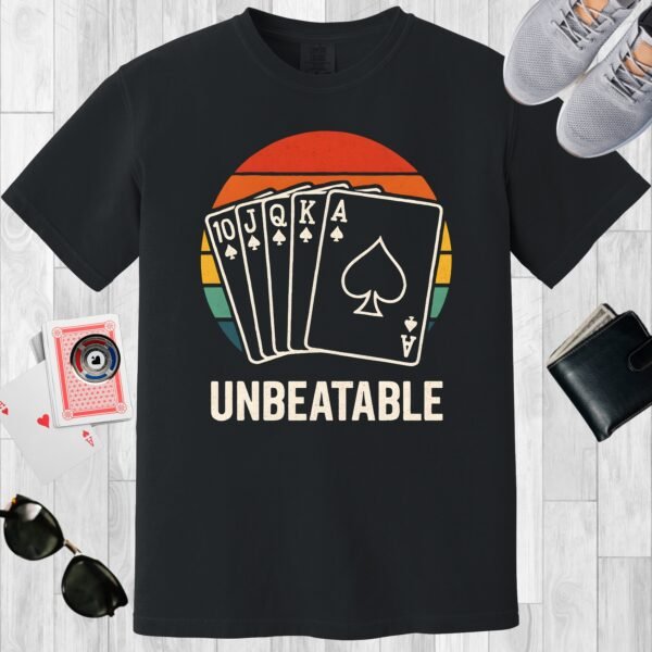 Black colored unisex crewneck poker-themed T-shirt. Design features the text 'Unbeatable'. Image of a Royal Flush on a vintage sunset.
