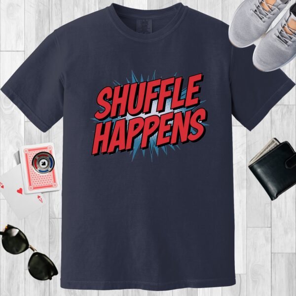 Navy colored unisex crewneck poker-themed T-shirt. Design features the text 'Shuffle happens' in superhero comic font style.