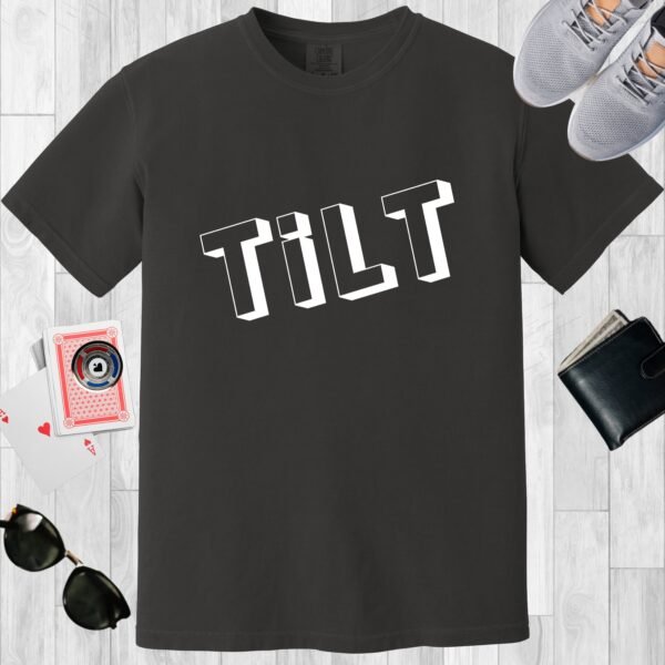 Graphite colored unisex crewneck poker-themed T-shirt. Design features the text 'TiLT'