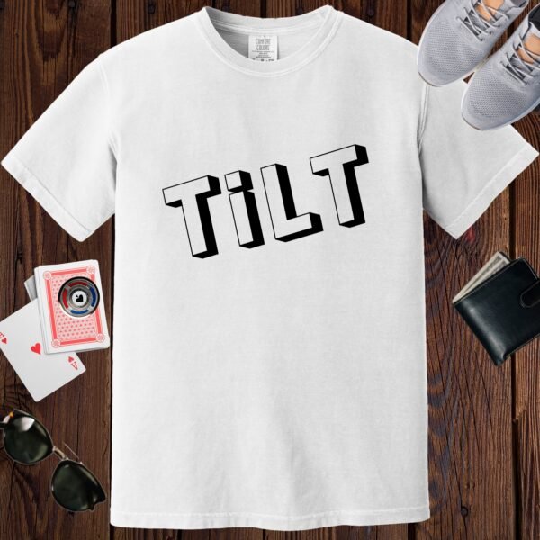 White colored unisex crewneck poker-themed T-shirt. Design features the text 'TiLT'