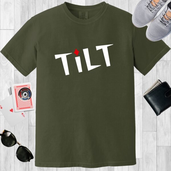 Moss colored unisex crewneck poker-themed T-shirt. Design features the text 'TiLT'