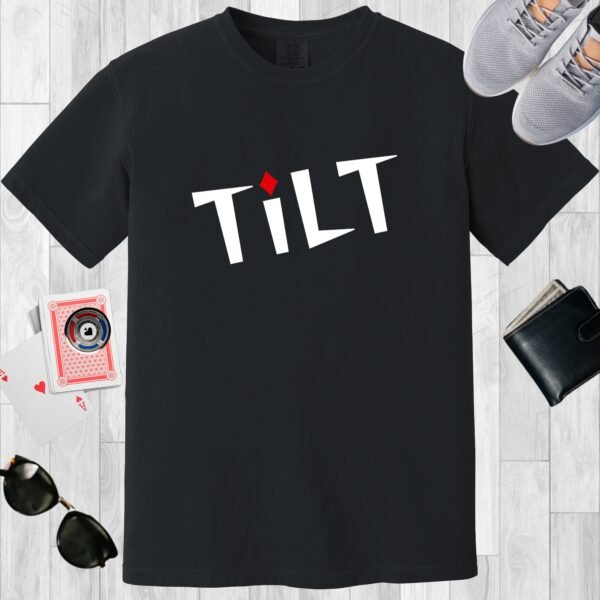 Black colored unisex crewneck poker-themed T-shirt. Design features the text 'TiLT'