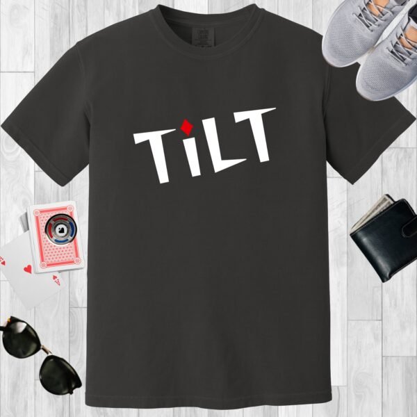 Graphite colored unisex crewneck poker-themed T-shirt. Design features the text 'TiLT'