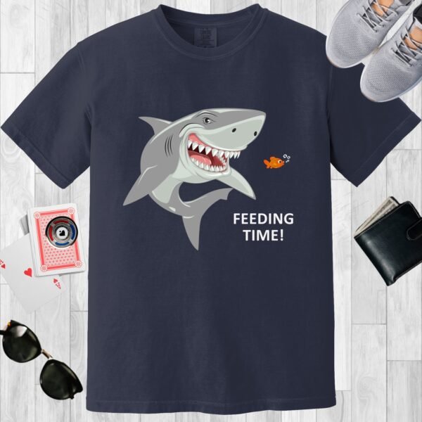 Navy colored unisex crewneck poker-themed T-shirt. Design features the text 'Feeding time'. Image of a shark and small fish.